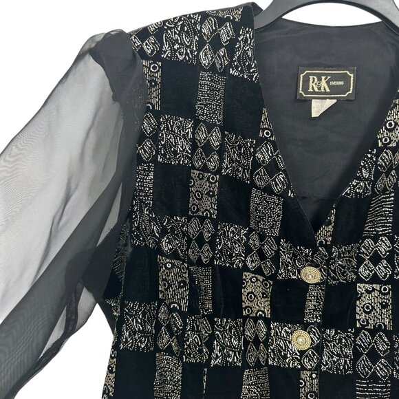 VINTAGE 90' R&K Evenings Black & Gold Sheer Sleeve Buttoned Blouse SZ X-Large - Picture 12 of 13
